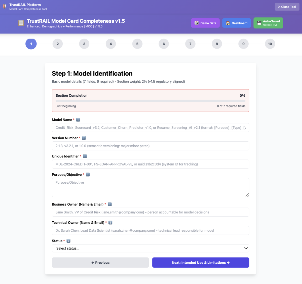 AI Compliance Scorecard - Model documentation interface